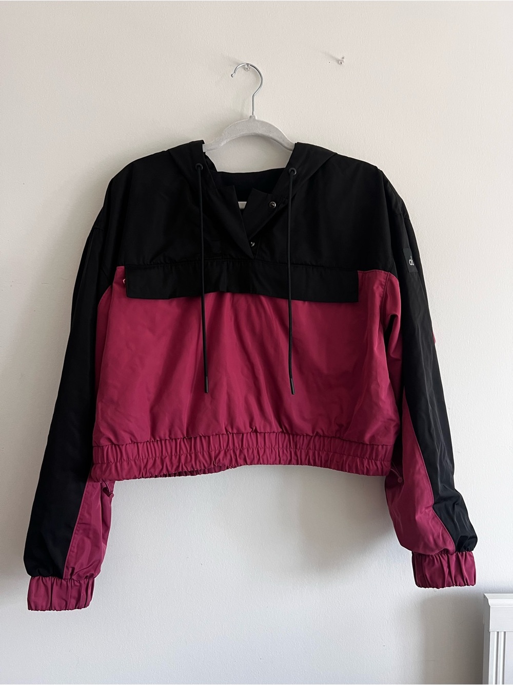 ALO Yoga Black and Magenta Cropped Hooded Bomber Jacket